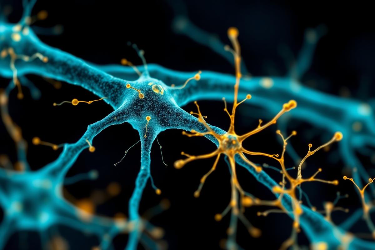 Scientific illustration of neurons and synapses transmitting signals, representing cognitive function